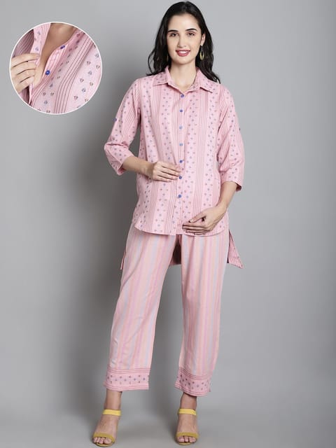 Moms Maternity Women's Cotton Sustainable Light Pink Pathani Style Kurta with Trouser Maternity Set