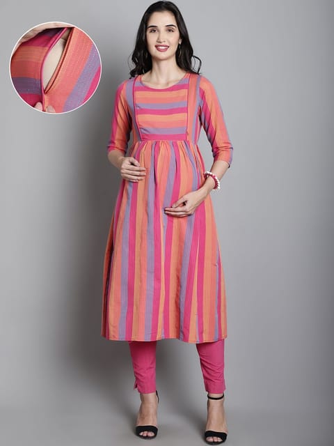 Moms Maternity Women's Cotton Sustainable Pink Kurta with Palazzo Maternity Sets