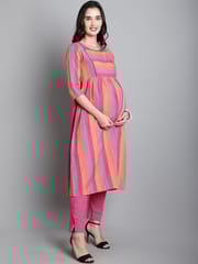 Moms Maternity Women's Cotton Sustainable Pink Kurta with Palazzo Maternity Sets