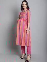 Moms Maternity Women's Cotton Sustainable Pink Kurta with Palazzo Maternity Sets