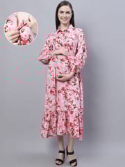 Moms Maternity Women's Maternity Crepe Floral Print Pink Midi Dress